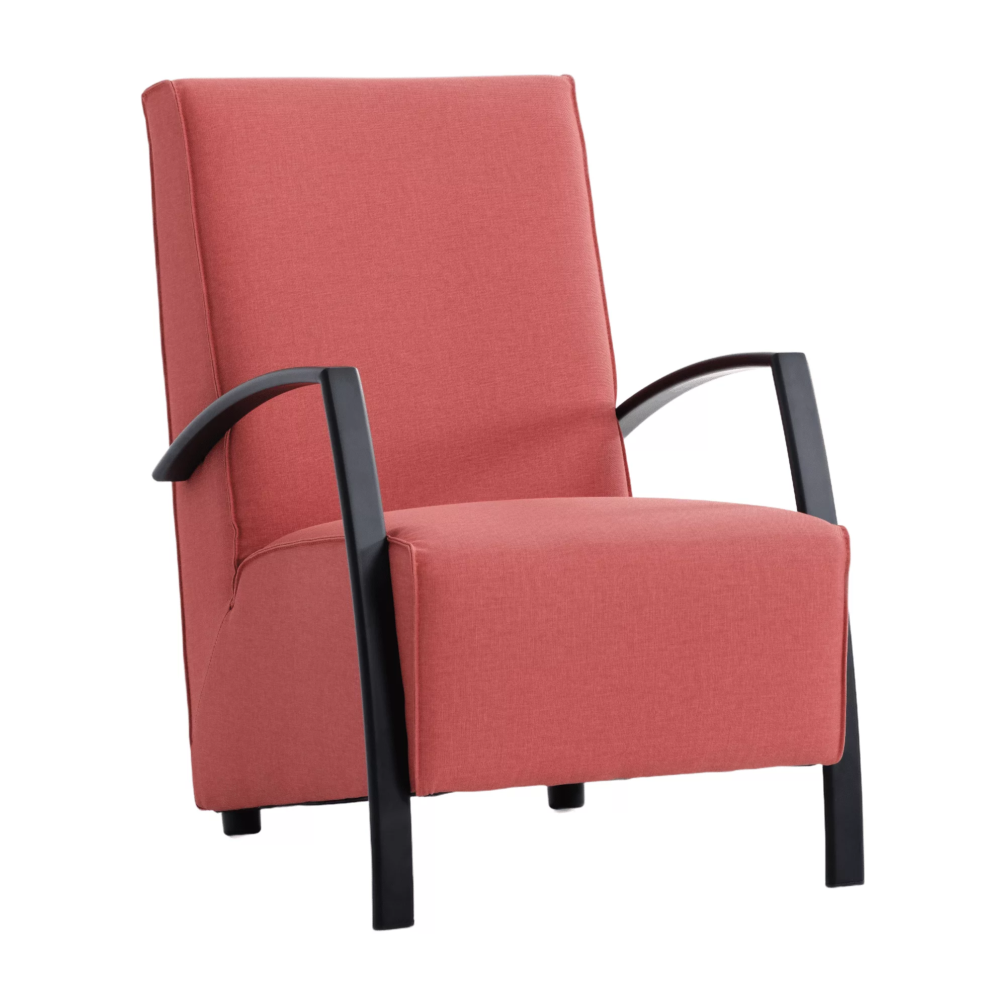Rode fauteuil met zwarte design armleuningen.