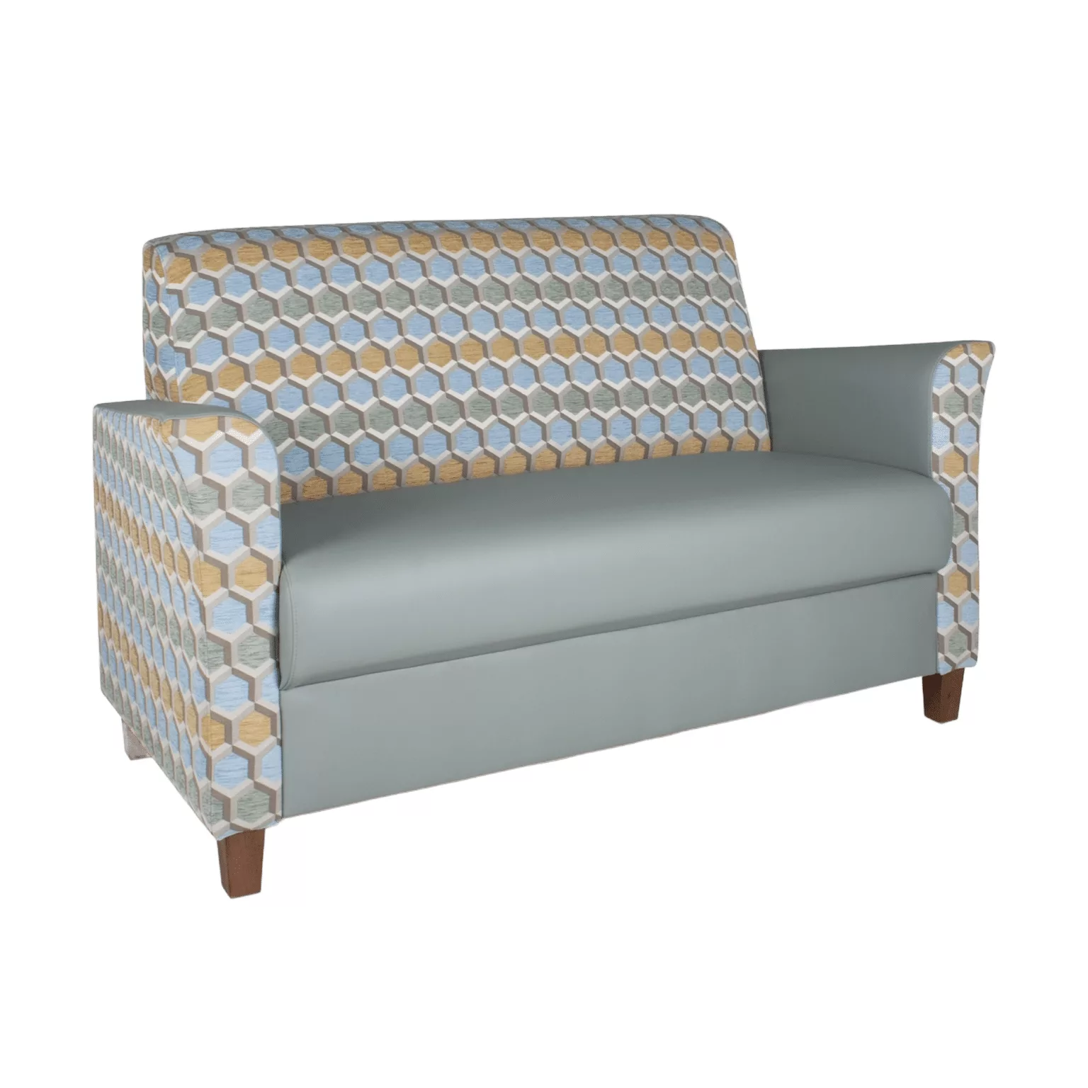 Blauwe loungebank met een zeshoekpatroon op houten meubelpoten.