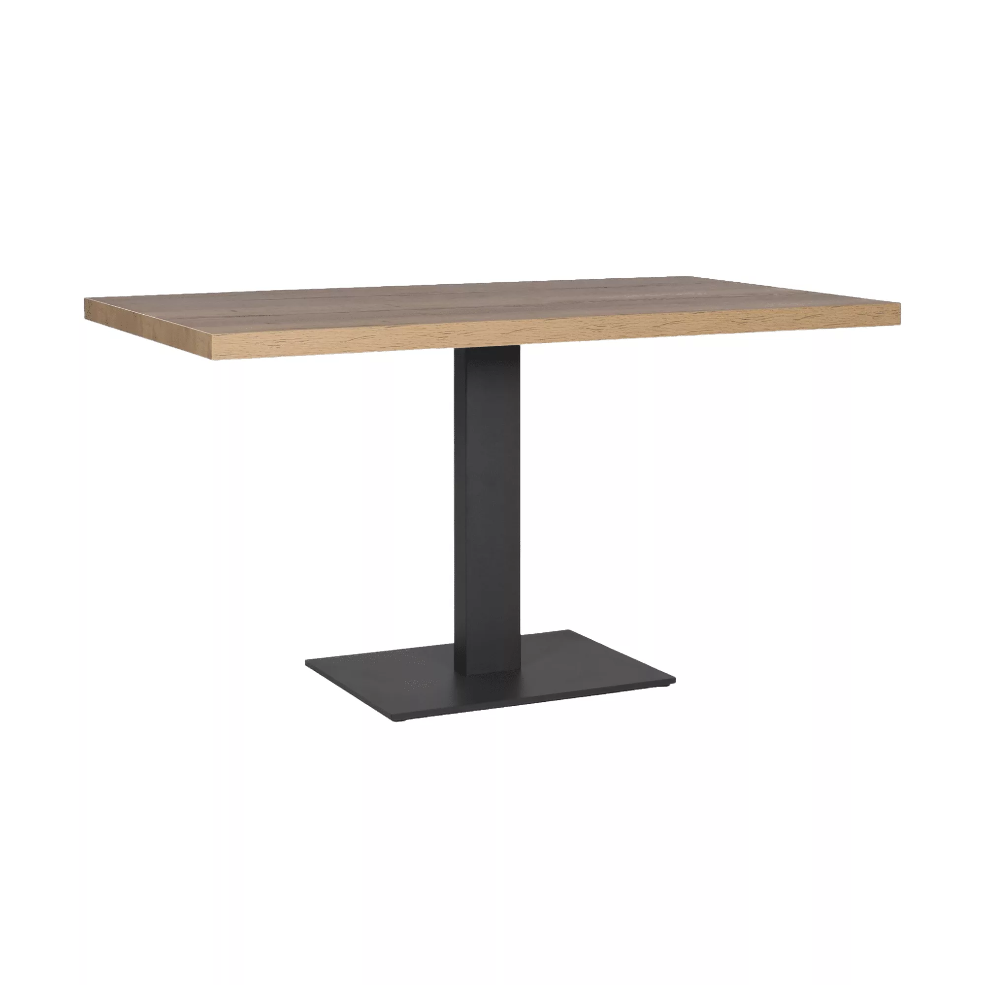 Tafel met zwart metalen onderstel en houten tafelblad.