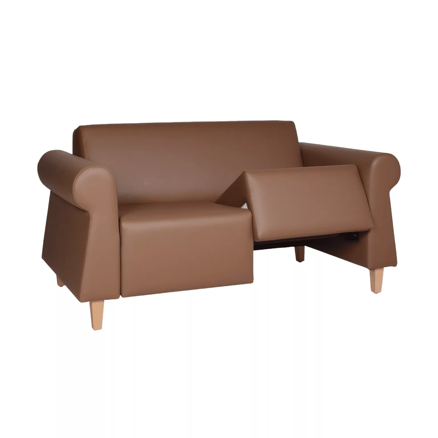 Bruine zitbank met ronde armleuningen en uitneembare zitting op houten meubelpoten.