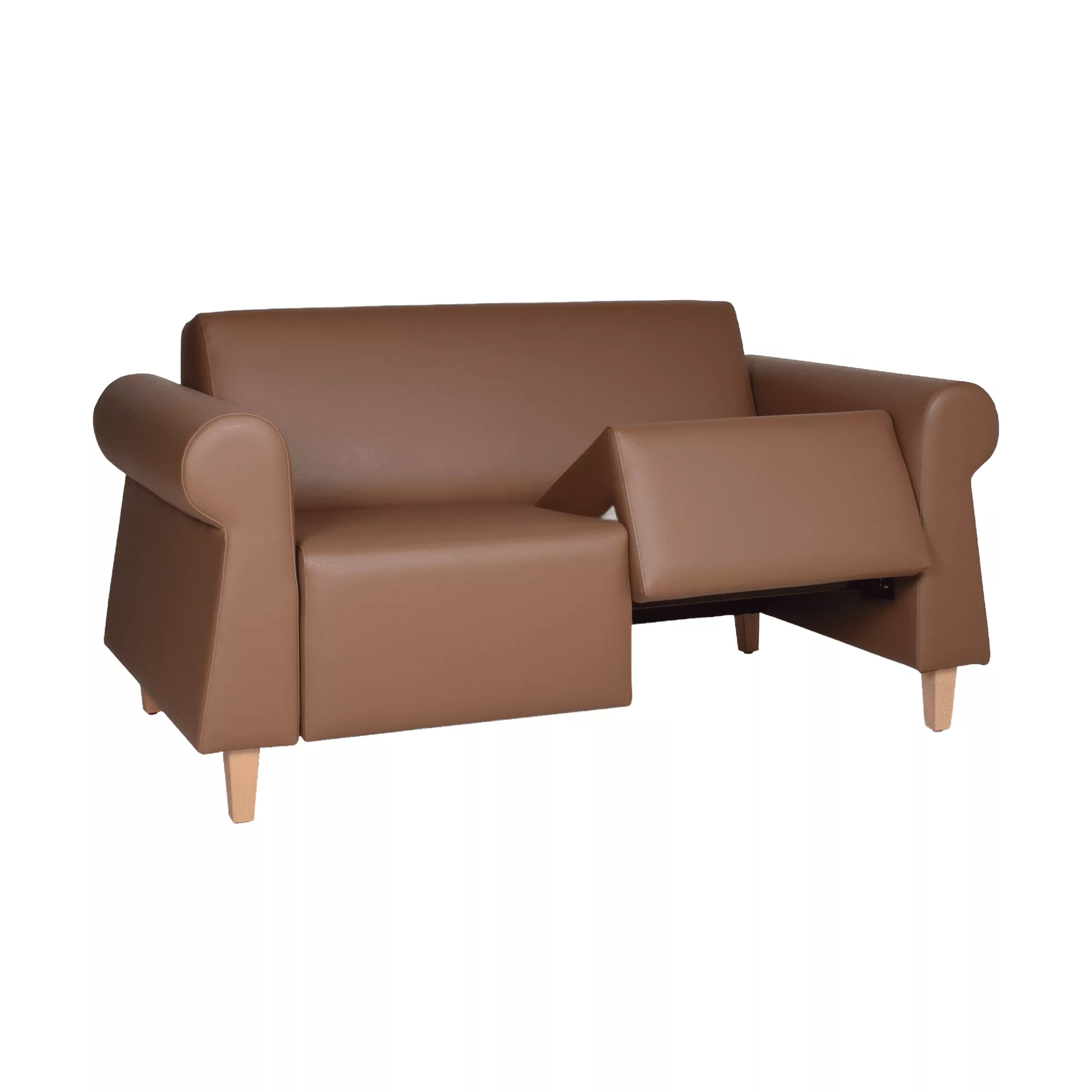 Bruine zitbank met ronde armleuningen en uitneembare zitting op houten meubelpoten.