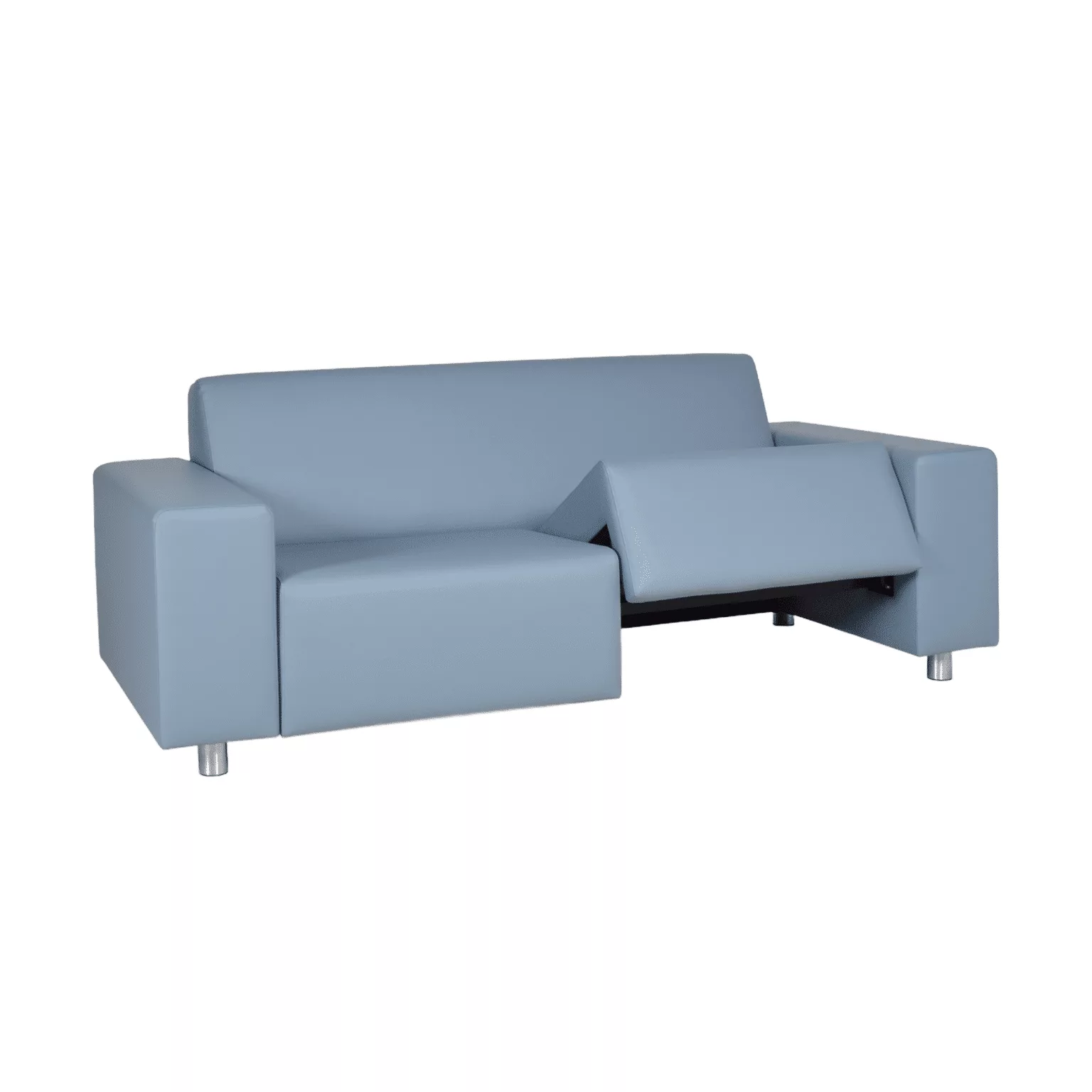 Lichtblauwe loungebank met brede armleuningen, uitneembare zitting en ronde metalen meubelpoten.