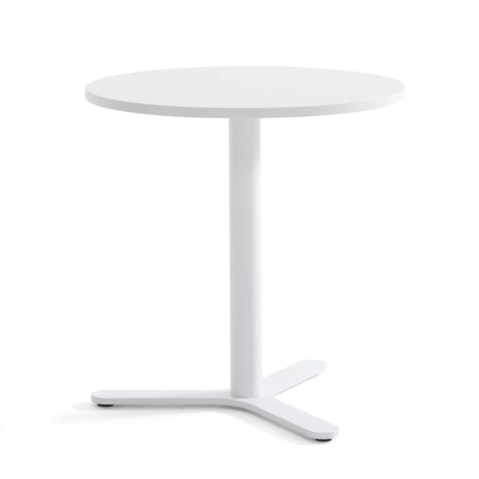 Witte ronde tafel met metalen driepoot onderstel.