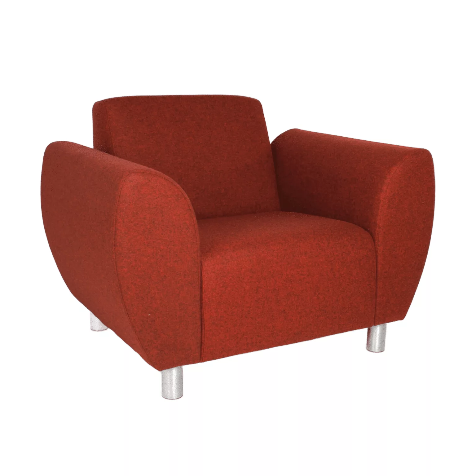 Rode fauteuil met ronde armleuningen en metalen meubelpoten.