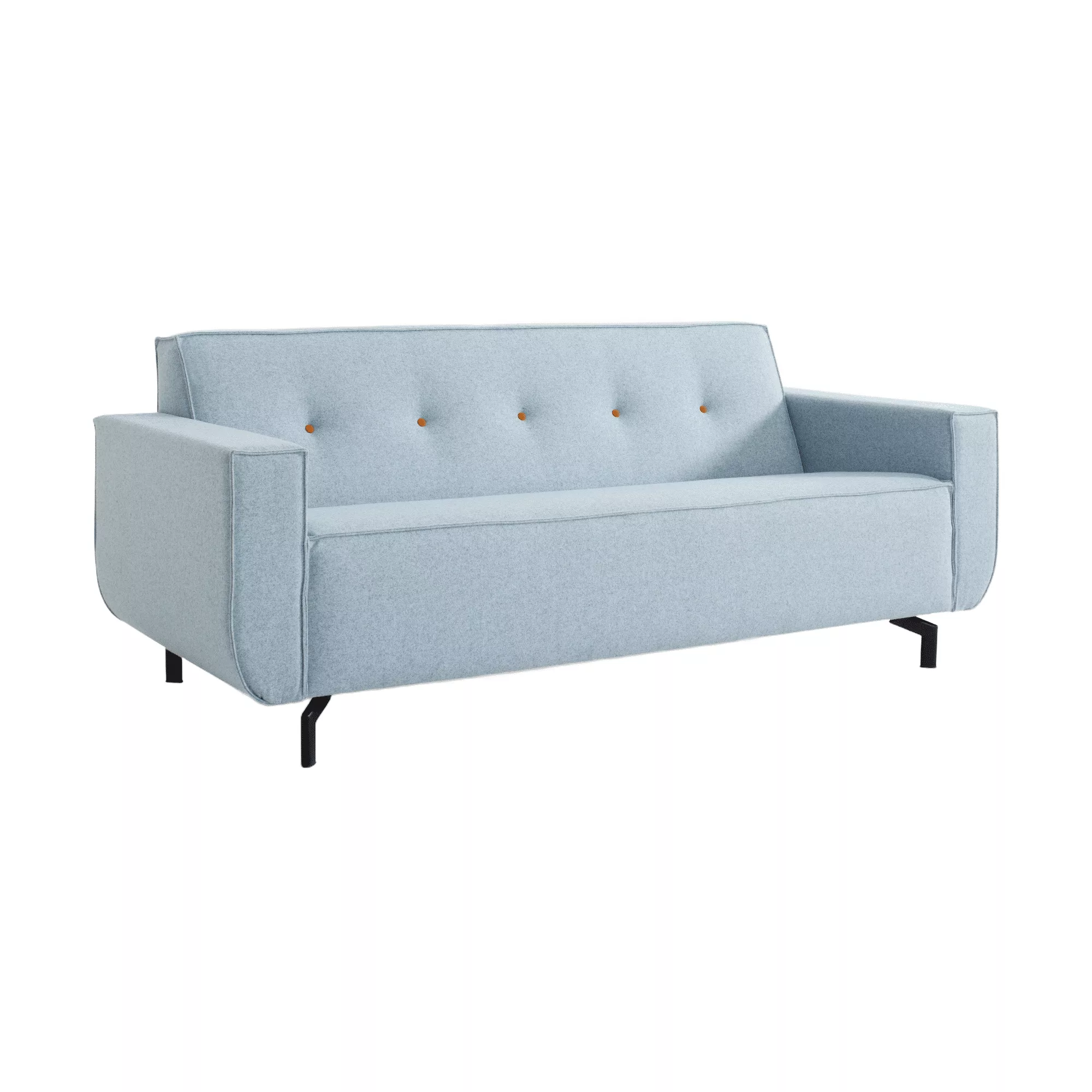 Lichtblauwe loungebank met afgeronde armleuningen, oranje sierknopen in de rug en design meubelpoten.