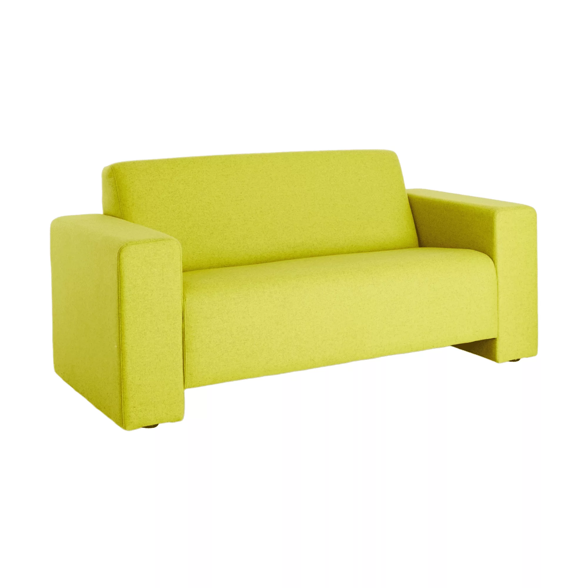 Gele loungebank met brede armleuningen.