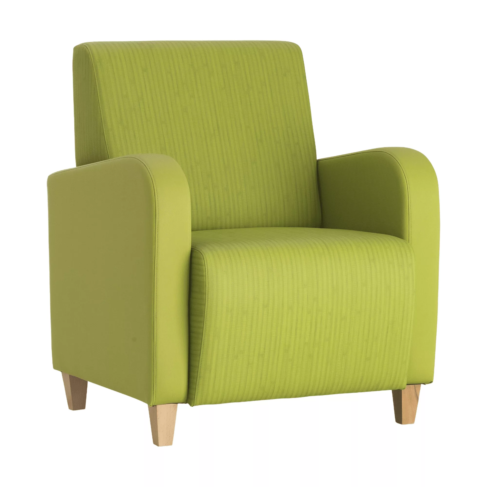 Groene fauteuil met afgeronde armleuningen op houten meubelpoten.