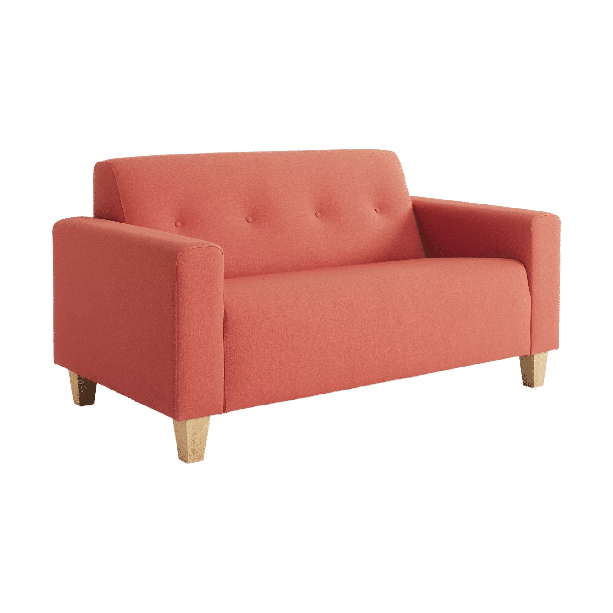 Roze zitbank met sierknopen in de rug en houten meubelpoten.
