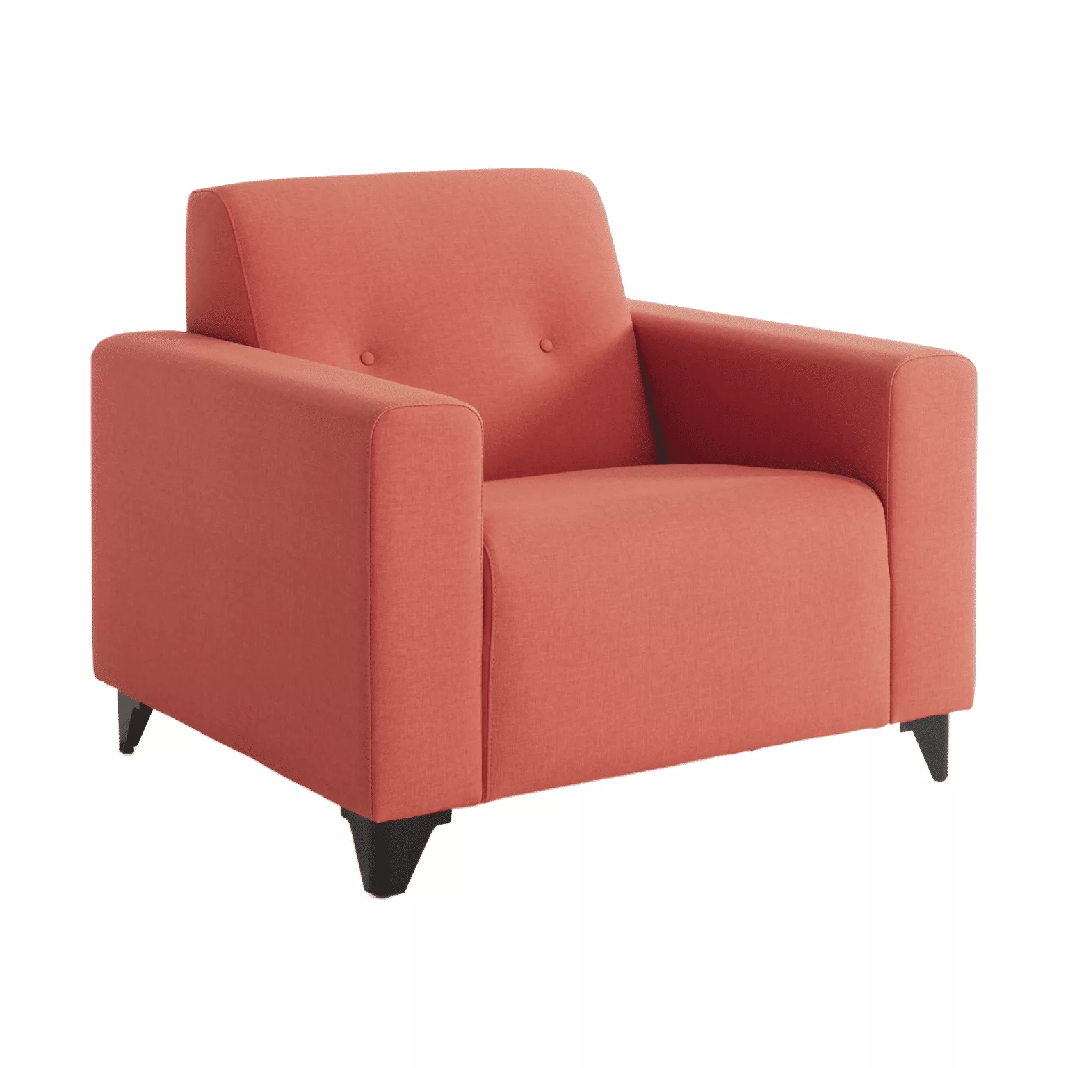 Roze fauteuil met sierknopen in de rug en zwart metalen meubelpoten.