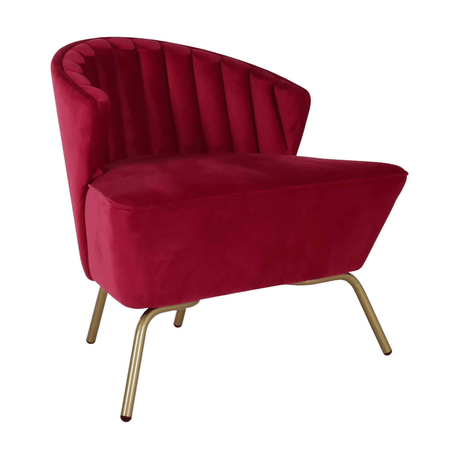 Rode design fauteuil met gouden metalen onderstel.