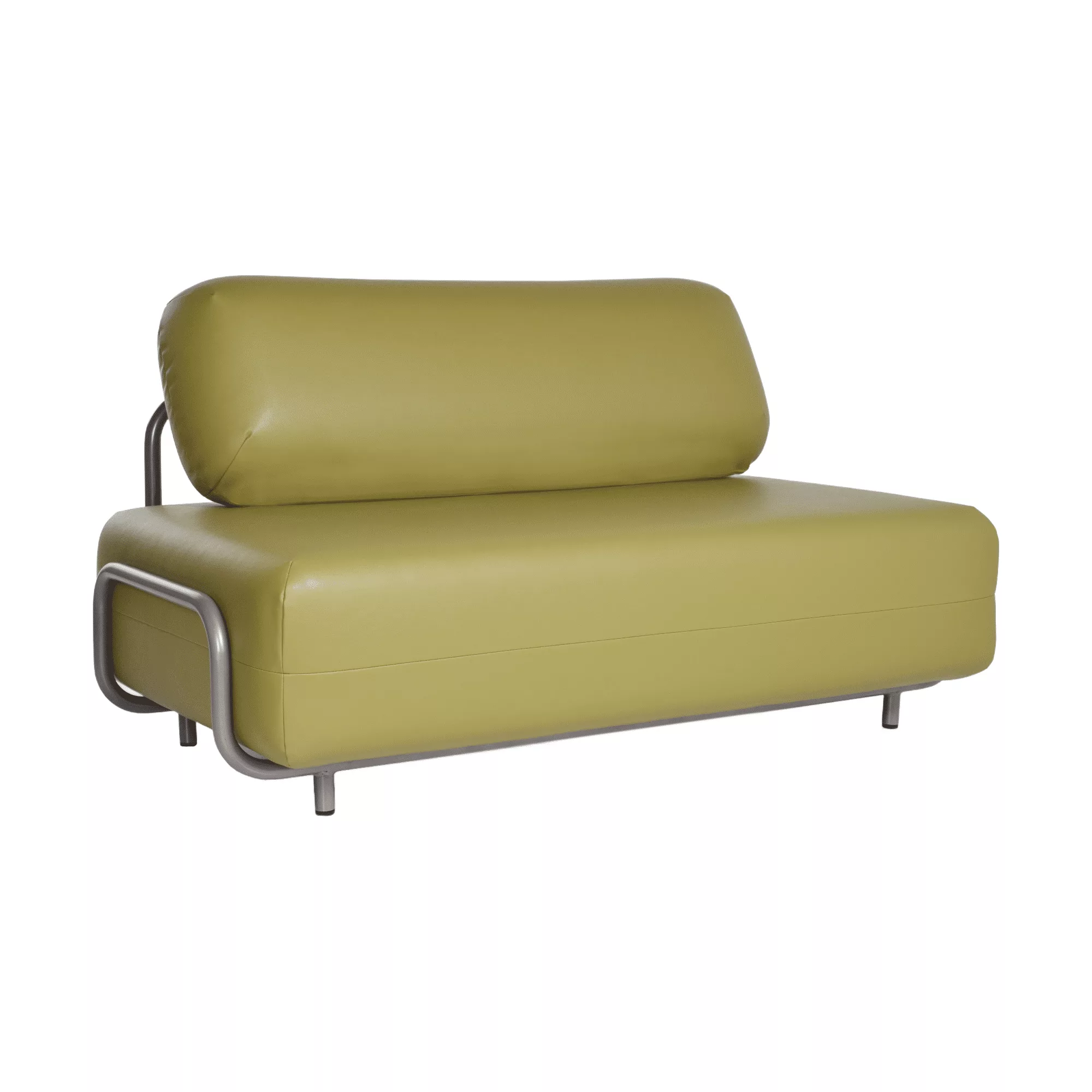 Groene retro design sofa met groen metalen onderstel.